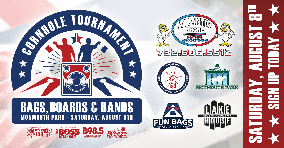 Bags, Boards & Bands at Monmouth Park on Saturday, August 8th